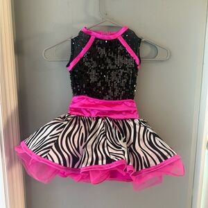 Weissman Girls Dance Costume SC – Black Sequin Bodice Zebra Print Tutu Pink Trim
